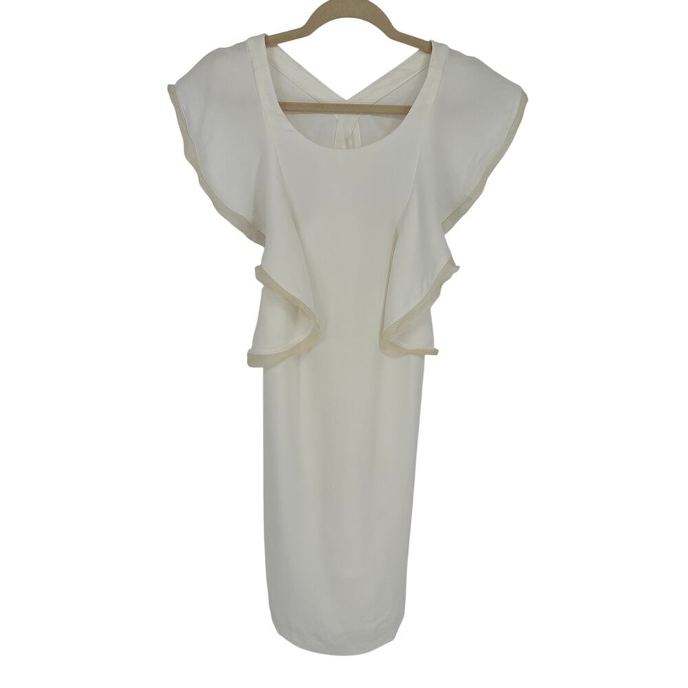 Club Monaco Irina Dress White Ruffle Sleeve Silk Trim Cocktail Sheath Size 2 EUC